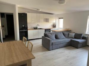 a living room with a couch and a table and a kitchen at Apartament w malowniczej Sosnówce in Sosnówka