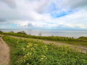 a dirt road with a view of the ocean at Chalet 126a in Cromer