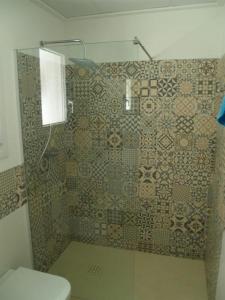 a bathroom with a shower with a tiled wall at los dos caballeros in San Pedro del Pinatar