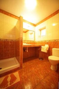 een badkamer met een toilet, een bad en een wastafel bij Penzion Tara in Veľký Meder