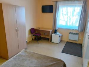 een slaapkamer met een bed, een bureau en een raam bij Kambarių nuoma - Neveronys SAURIDA in Neveronys