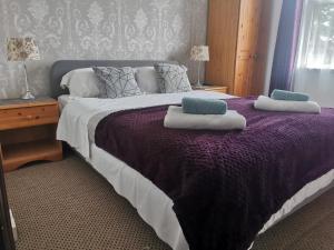 a bedroom with a purple bed with two pillows on it at Adams Guest House in Oxford