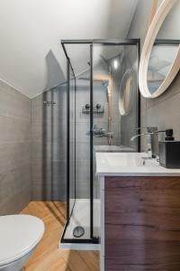 シュツァブニツァにあるPokoje gościnne Włóczykijのバスルーム(シャワー、洗面台、トイレ付)