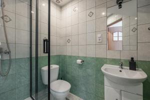 a bathroom with a toilet and a sink and a shower at Pokoje gościnne Włóczykij in Szczawnica