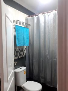 a bathroom with a toilet and a shower curtain at Apartamento con wifi in Nador