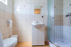a bathroom with a sink and a toilet and a shower at Domki parterowe ANITA in Zawóz