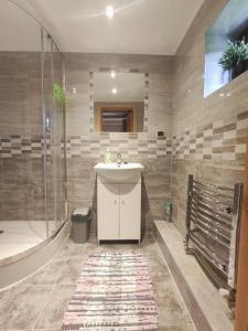 a bathroom with a sink and a shower at Pod Strzechą in Białka Tatrzańska +50 photos