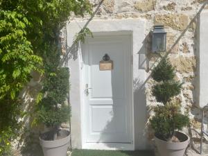 a white door with two potted plants in front of it at Appt 2 pieces dans Mas provençal in Roquemaure