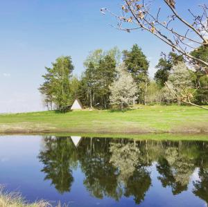 a view of a pond with a barn in the background at Sandfallet Glamping in Laholm