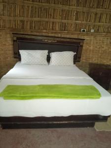 Una cama grande con una manta verde. en Lucy Guest House (B&B), en Addis Ababa