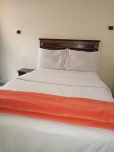 1 cama con almohadas y sábanas de color naranja y blanco en Lucy Guest House, en Addis Ababa