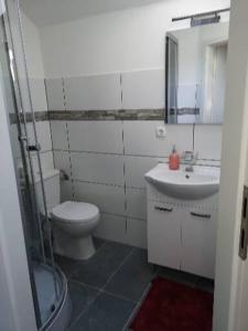 ラーデヴォルムヴァルトにあるHotel Radevormwaldのバスルーム(トイレ、洗面台、鏡付)