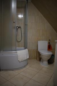 a bathroom with a shower and a toilet at Pokoje U Emilii in Kąty Rybackie +77 photos