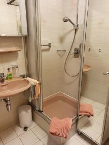 y baño con ducha y lavamanos. en Ferienwohnung Haiber, en Obermaiselstein