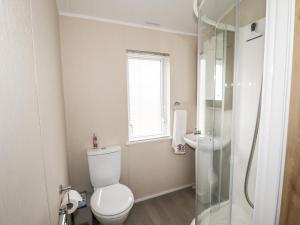 a white bathroom with a toilet and a shower at Seagull Lodge in Runswick