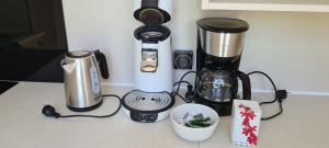 eine Küchentheke mit Kaffeemaschine und Mixer in der Unterkunft Mini-chalet - Vakantiepark 't Urkerbos in Urk