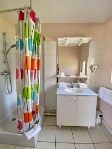 a bathroom with a shower curtain and a sink at Hotel Restaurant La Dame du Lac in Monflanquin
