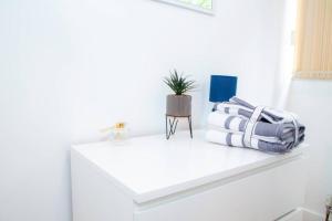 un estante blanco con almohadas y una planta en Shoreditch Hoxton Large 3 Bed Garden Flat FREE PARKING AOR ONLY, en Londres