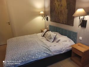 Cama en habitación con lámpara y mesa en Résidence Grand Hôtel Appartement Standing, en Aulus-les-Bains