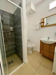 W łazience znajduje się prysznic, umywalka i toaleta. w obiekcie Penzion Nevada w mieście Dunajská Streda