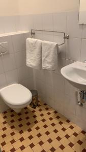 uma casa de banho com WC, lavatório e toalhas em Studio-apartment in city-center em Amsterdã