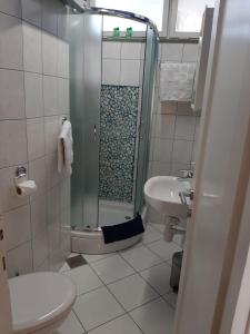 a bathroom with a shower and a toilet and a sink at Zadar Old City Apartment Leonardo in Zadar