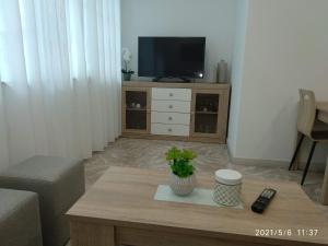 sala de estar con TV y mesa de centro en apartamentos Sonia YEIK, en Muxía