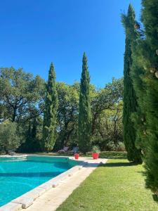een zwembad in een tuin met cipressen bij Domaine du Commandeur in Mondragon