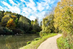 a path next to a river with ducks on it at Apartment 'Boho' in Yeovil