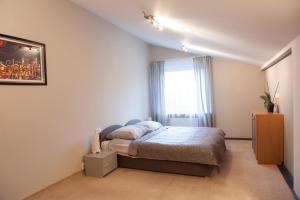 1 dormitorio con cama y ventana en Duplex Apartament Bałuty, en Łódź