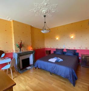 a bedroom with a large bed and a fireplace at Chambre Hôte Villa Sainte Barbe in Mirecourt