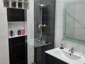 a bathroom with a shower and a sink and a mirror at Mar House Apartments in Praia
