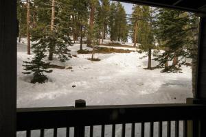 una ventana con vistas a un patio cubierto de nieve con árboles en Mammoth Ski & Racquet Club #127, en Mammoth Lakes