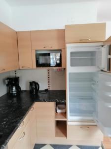 une cuisine avec un réfrigérateur vide et un four micro-ondes dans l'établissement Large cozy apartment Grubweg 130 qm, à Sankt Martin am Tennengebirge