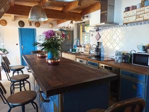 a kitchen with a blue island with a vase of flowers on it at Ô Rêves Ailleurs in Saint-Cyr-sur-Mer +31 photos