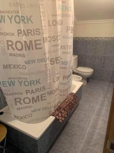 a bathroom with a shower curtain with a toilet and a tub at Apartamento MARIÑA SANXENXO in Sanxenxo