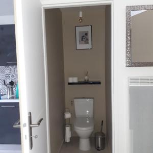 a bathroom with a toilet and a shelf on the wall at Appartement à la campagne in Noyal-Muzillac +8 photos
