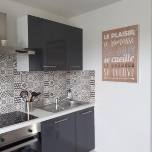 a kitchen with black and white tiled walls and a sink at Appartement à la campagne in Noyal-Muzillac
