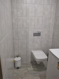 a white toilet sitting in a bathroom next to a sink at Pokoje pod Baranami Zator Przeciszów in Przeciszów