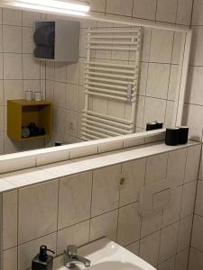a bathroom with a sink and a mirror at Ferienwohnung am Stötteritzer Wäldchen in Leipzig