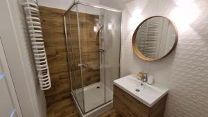 a bathroom with a shower and a sink and a mirror at Apartament Parkowy Studio in Gniezno
