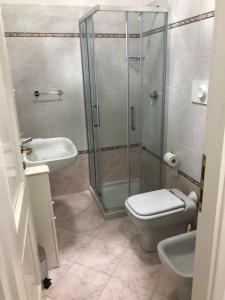 a bathroom with a shower and a toilet and a sink at Riomaggiore Apartment cà di Euro in Riomaggiore