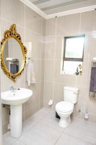 uma casa de banho com um WC, um lavatório e um espelho. em House of Sollys Guesthouse em Manamane