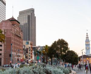a city street with tall buildings and a clock tower at Harbor Court Hotel in San Francisco