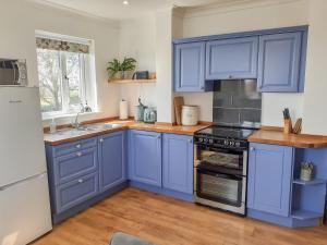 a blue kitchen with a stove and a sink at Valley View in St Austell