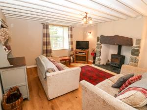 sala de estar con 2 sofás y chimenea en Cefn Werthyd Farmhouse, en Caernarfon