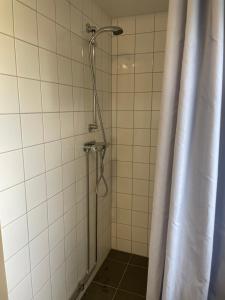 uma casa de banho com chuveiro e cortina de chuveiro em Hults-Boaryd Golf och B&B em Hult