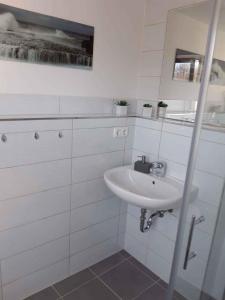 BlieschowにあるHoliday home in Lancken-Granitz 2946の白いバスルーム(シンク、鏡付)