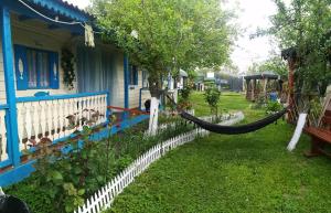 a hammock in a yard next to a house at Camping Casuta Mihaela in Crisan