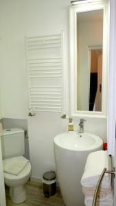 a bathroom with a sink and a toilet and a mirror at Violette avec parking privé sécurisé in Saint-Valery-sur-Somme +33 photos